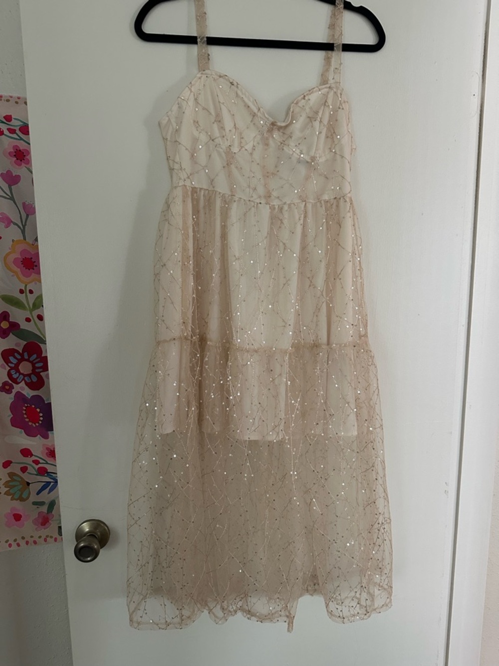 Forever 21 Short Dress With Sheer Layer in color Champagne and Sequins
